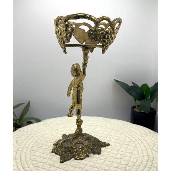 Vintage Gold Brass Cherub Candle Holder With Grapevine Design - Picture 4 of 15